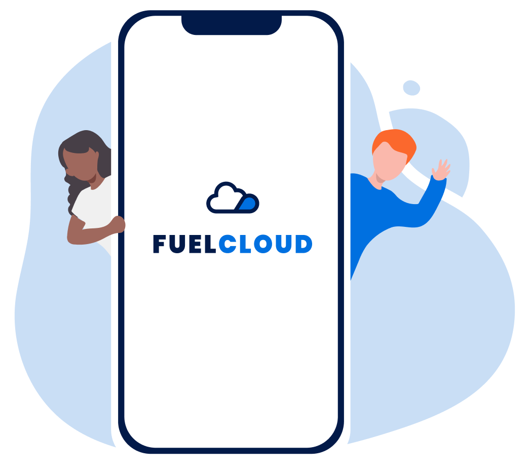 Two people wave from behind a large phone with the FuelCloud logo
